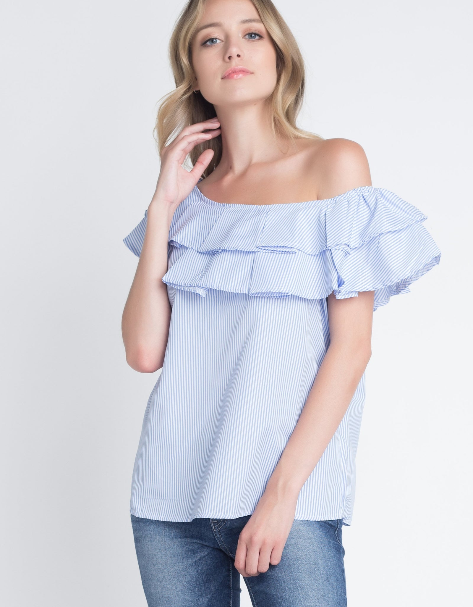 Women's Striped Off Shoulder Ruffle Stripe Blouse