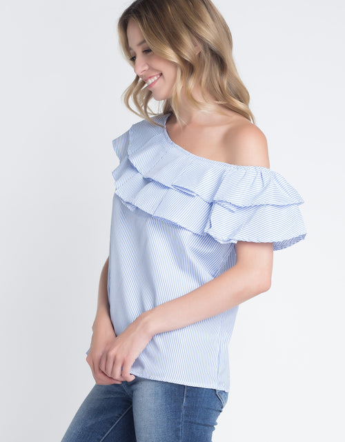 Load image into Gallery viewer, Women&#39;s Striped Off Shoulder Ruffle Stripe Blouse
