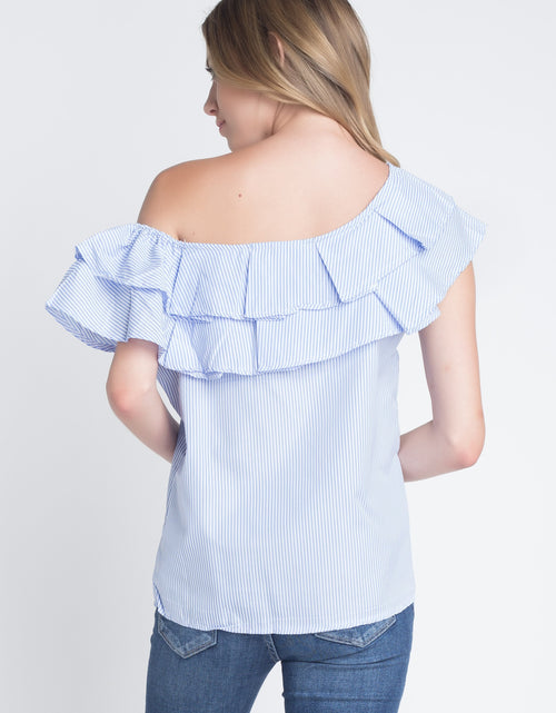 Load image into Gallery viewer, Women&#39;s Striped Off Shoulder Ruffle Stripe Blouse
