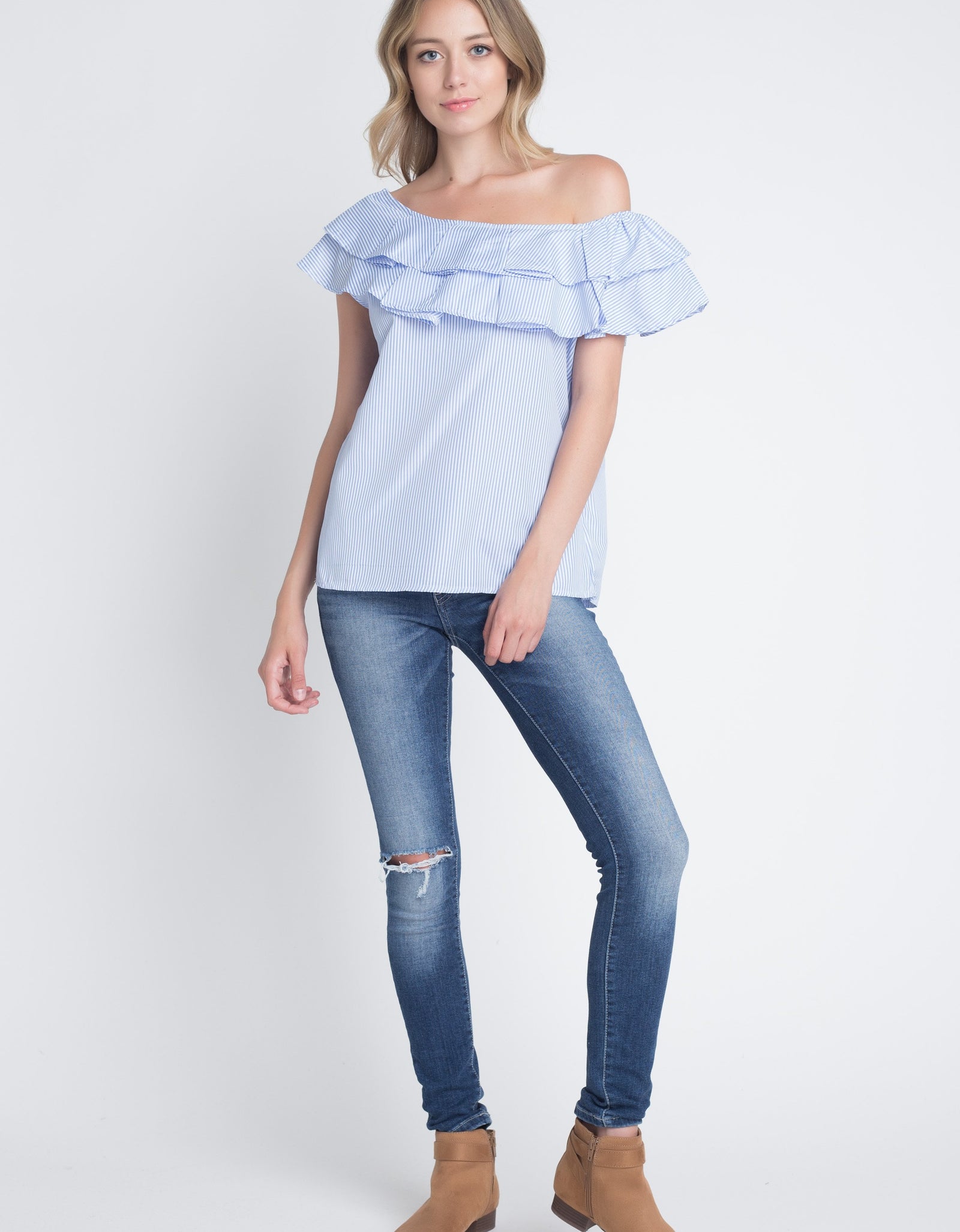 Women's Striped Off Shoulder Ruffle Stripe Blouse